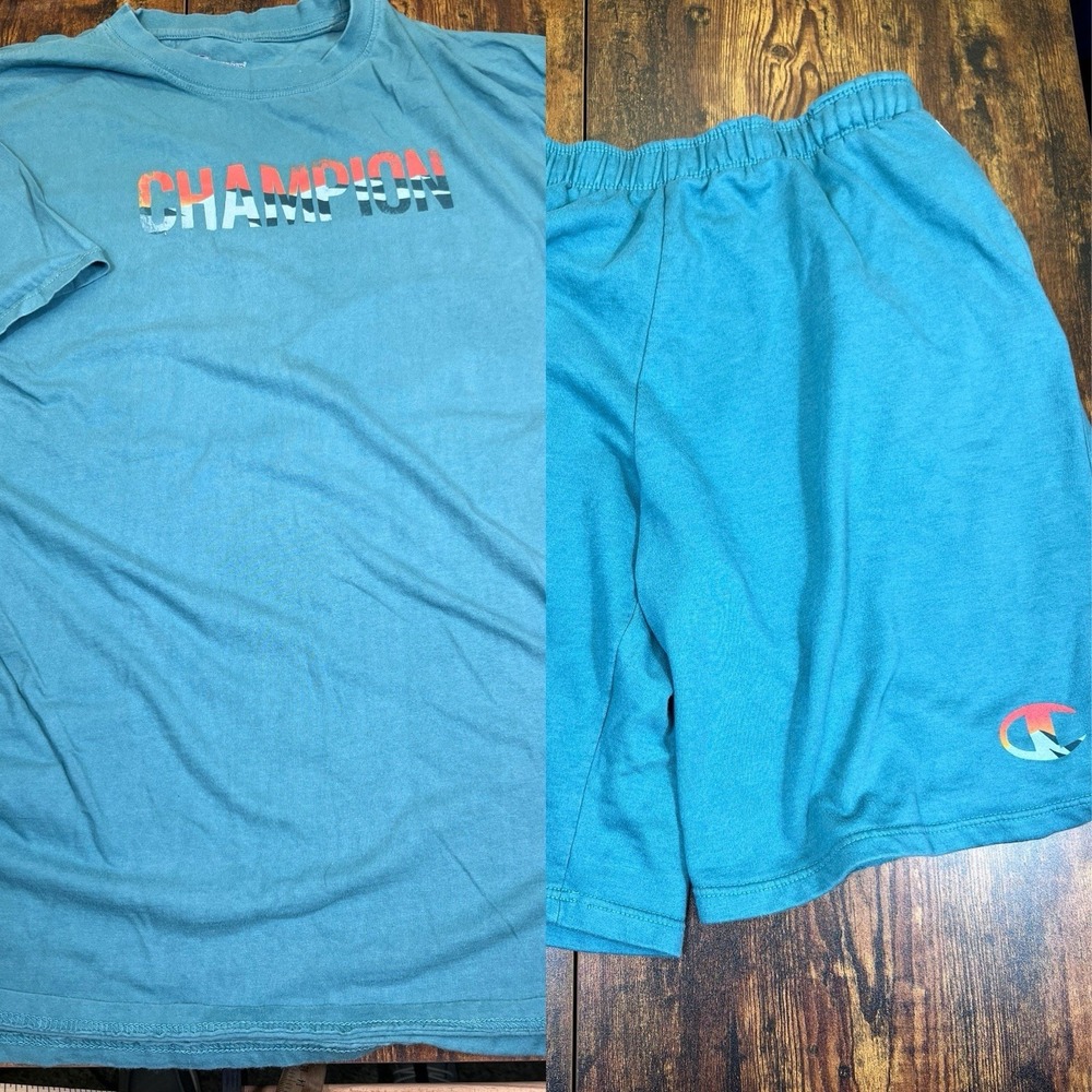 Men's Champion Brand Logo Spellout T-Shirt 3XLT And Shorts XLT Aqua Blue